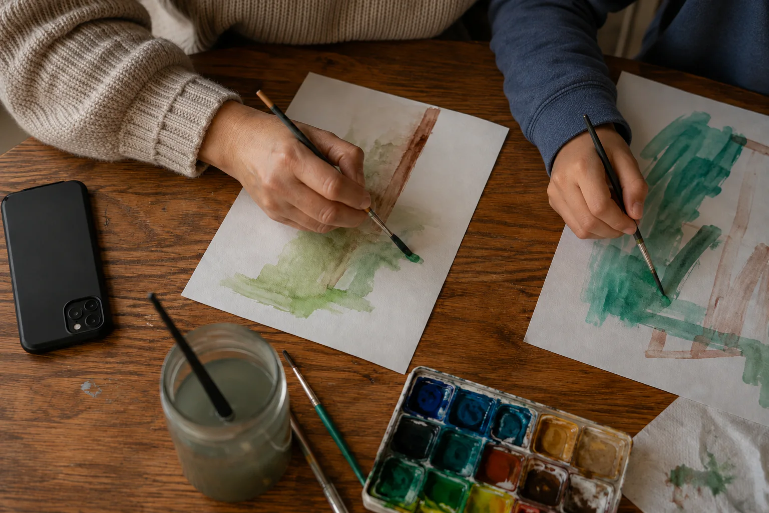 An American mother and son's hands painting while a phone sits face-down