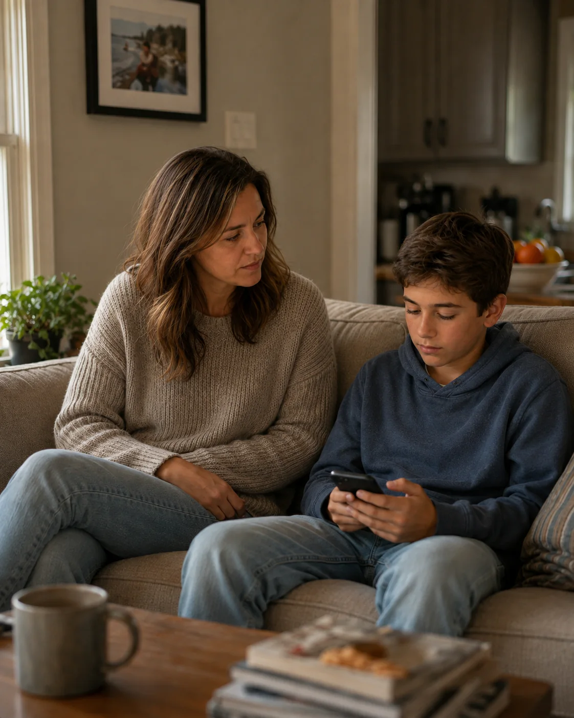 An American mother looks quietly concerned toward her son while he focuses on his phone